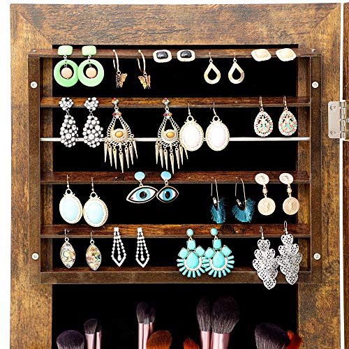 6 Leds Jewelry Mirror With Jewelry Storage, 40" Height Mirror With Storage Lockble, Standing Jewelry Armoire With Mirror, Full Length Mirror Jewelry Cabinet, Jewelry Mirror Full Length (Light Brown) #TOP4