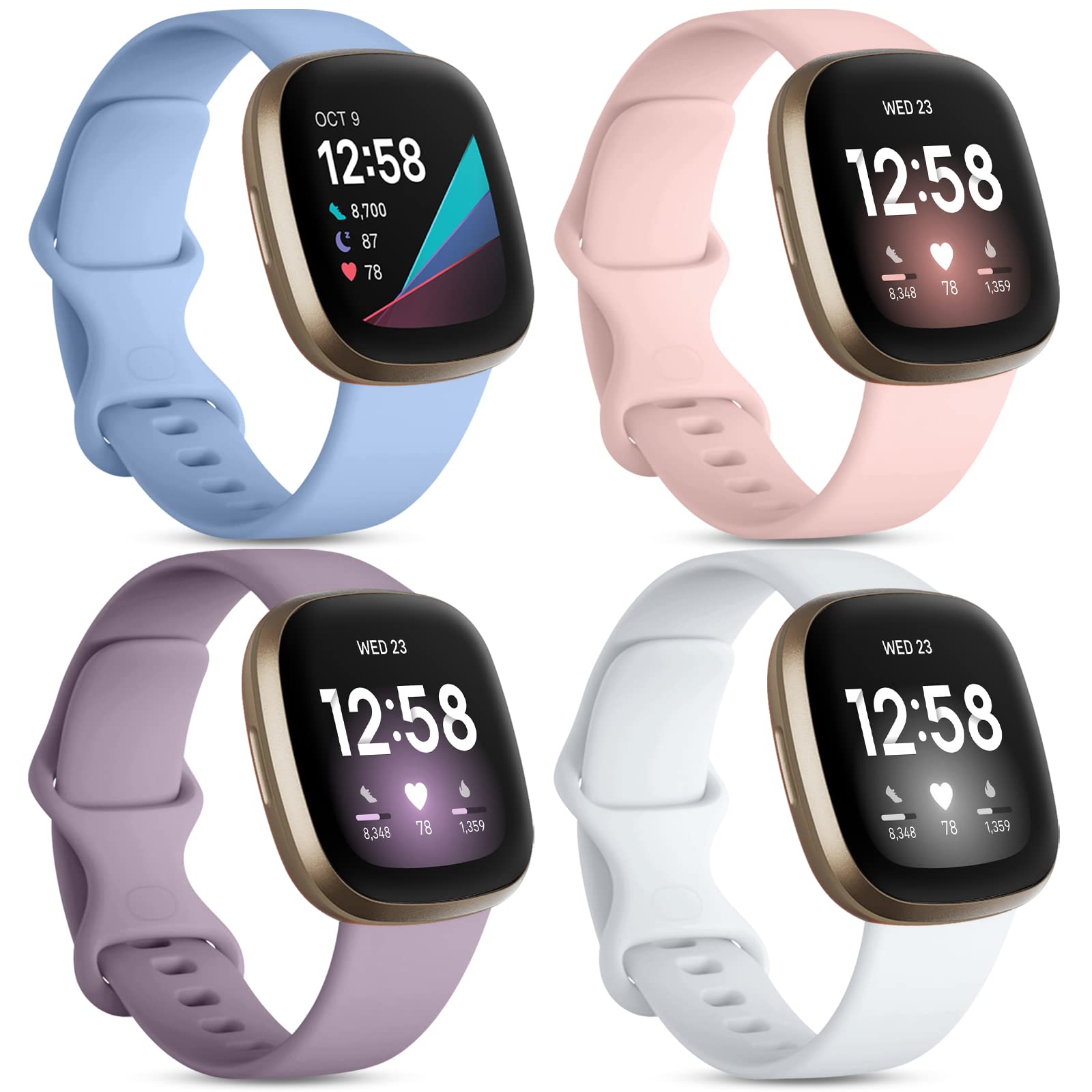 DaQin 4 Pack Sport Bands Compatible with Fitbit Versa 3/Versa 4 Bands/Fitbit Sense Bands, Soft Durable TPU Waterproof Wristband Replacement Straps for Fitbit Sense/Versa 3 Smartwatch for Women and Men