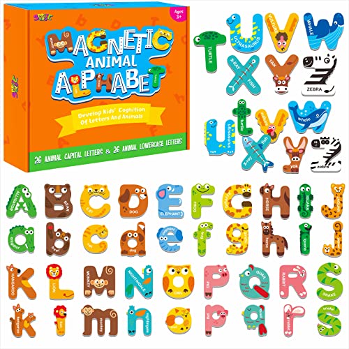 Image of 52 Magnetic Alphabet, 26 Uppercase & 26 Lowercase Letters, Adorable Animal Shape Alphabet ABC Magnets for Fridge Educational Spelling Learning Games Toys Set for Kids, Toddlers 3 4 5 Years Old