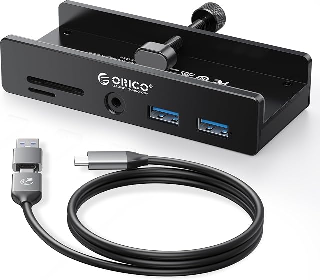 ORICO USB Hub 3.0, Serrure USB Hub avec port d'alimentation supplémentaire, aluminium USB C Adaptateur avec 2 USB-A Ports de données,3.5mm AUX, SD/TF Lecteur de cartes pour le bureau (noir)