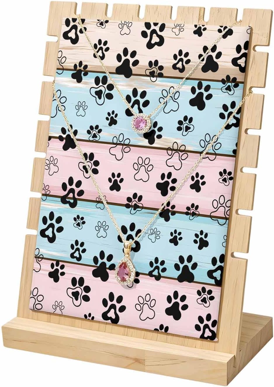 Necklace Display Stand, Dog Paw Farm Colorful Wood Board Wooden Necklace Holder with Pu Leather Back Panel Funny Animal Footprint Jewelry Display Stand for Countertop, Dresser, Craft Shows 7x3x9 in