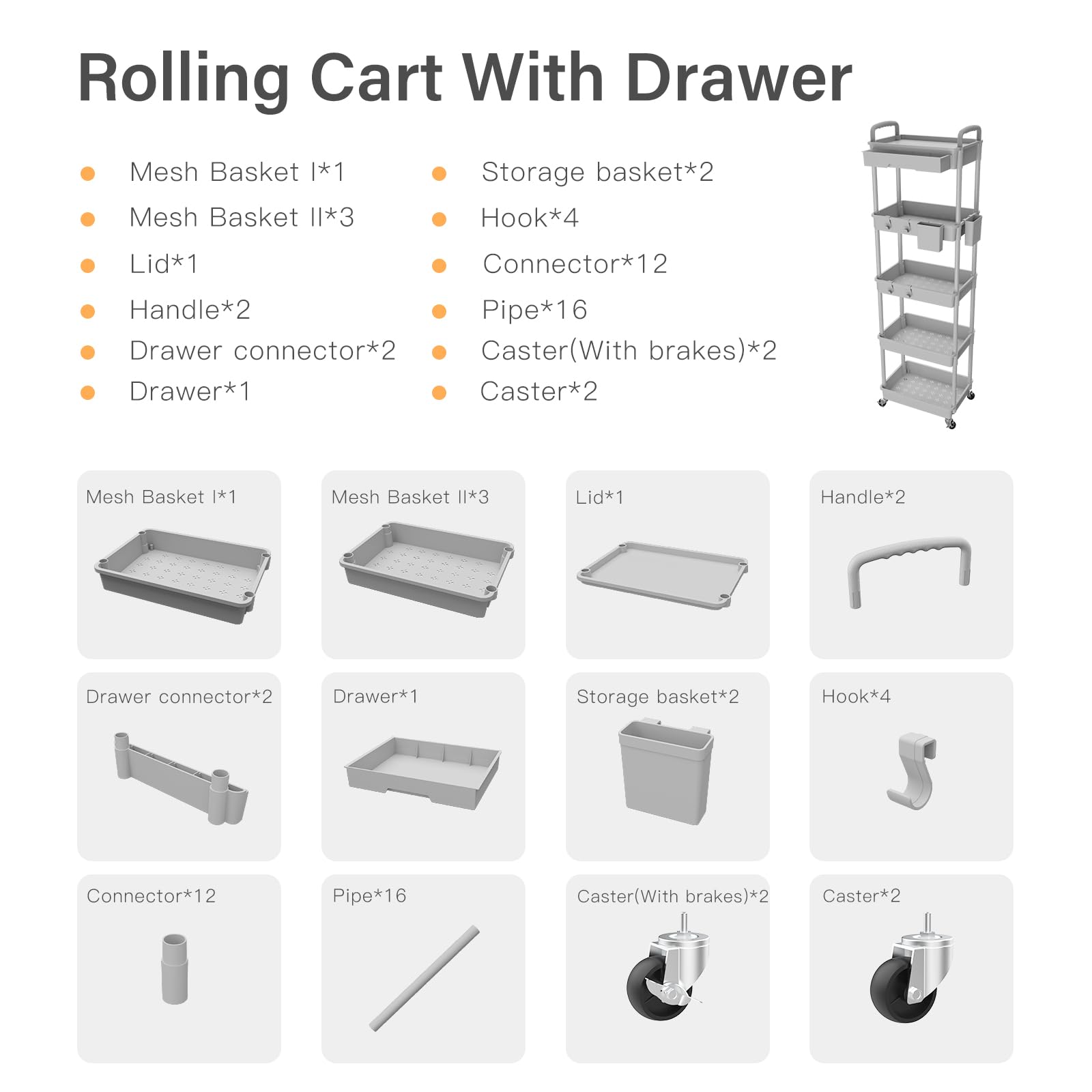 REBECAT - Carrito utilitario de 5 niveles con cajón, carrito utilitario hecho de herramienta organizadora de almacenamiento multifuncional para cocina, baño, sala de estar, oficina (gris)