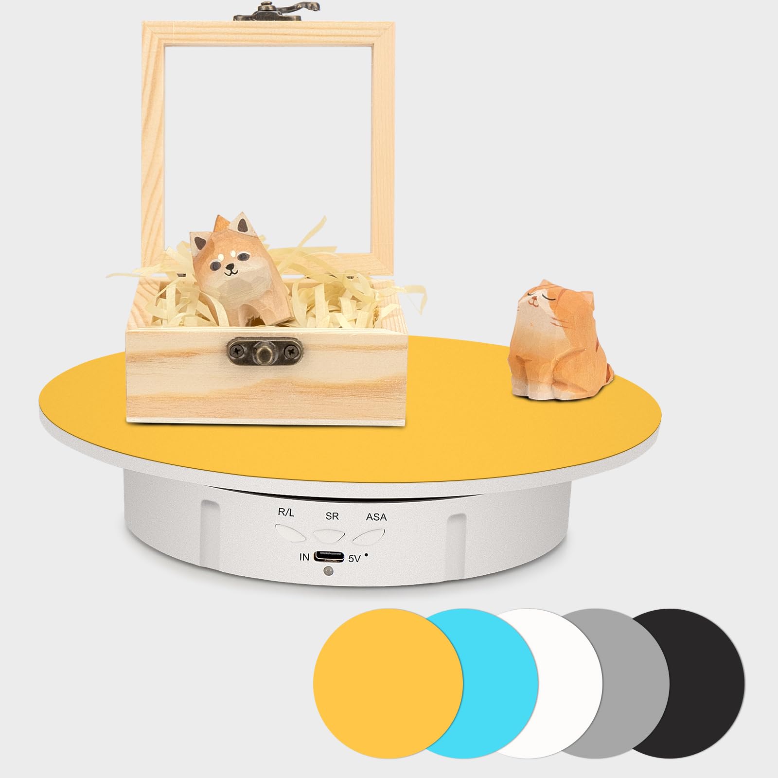 Leadleds Tocadiscos giratorio eléctrico con 5 fondos, soporte de exhibición giratorio motorizado de 360 grados para productos de fotografía, exhibición de joyas, relojes, ferias de manualidades, carga