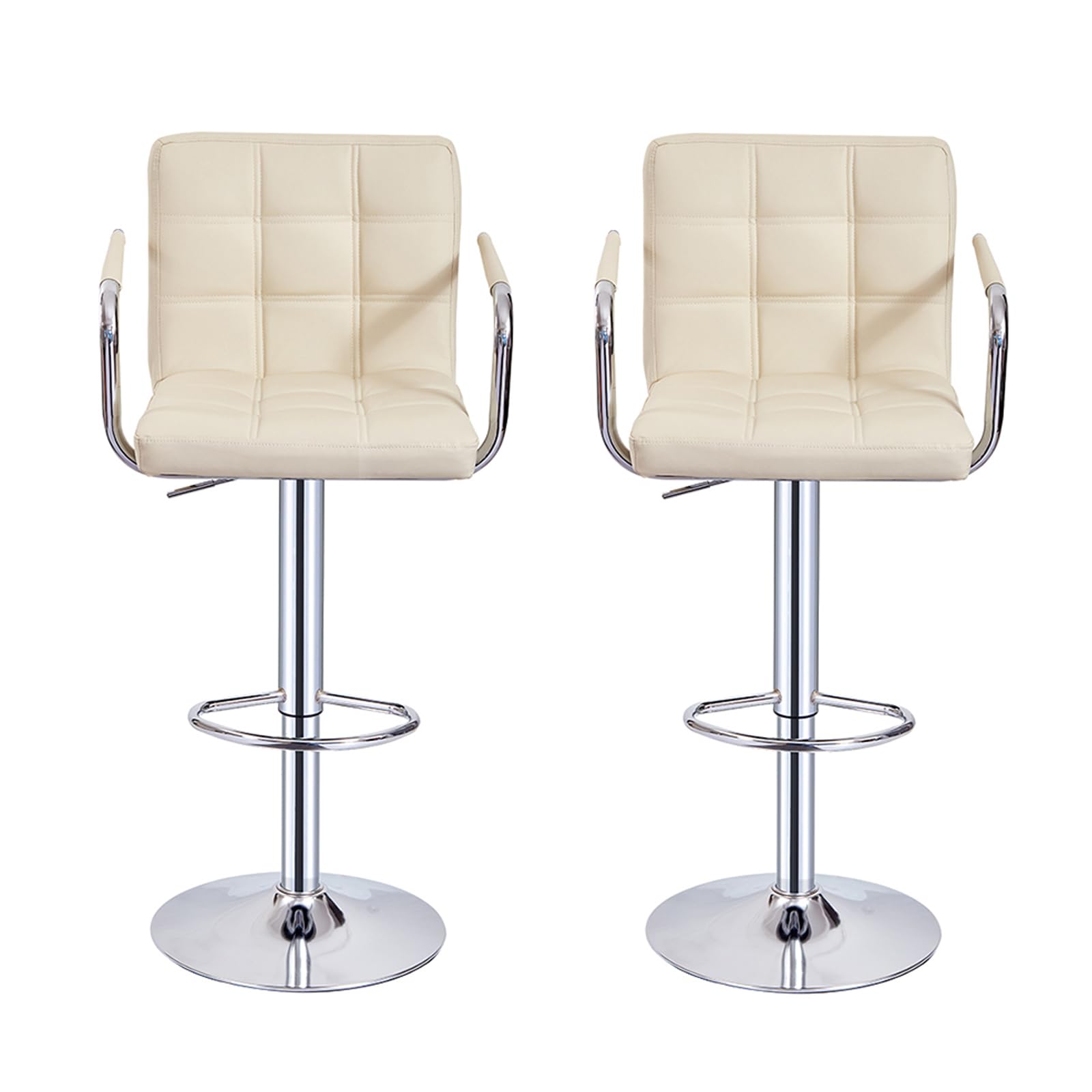Cuban Bar Chairs with Armrest, Height Adjustable Synthetic Leather 360° Swivel Kitchen Stool with Backrest and Footrest for Breakfast Bar, Counter, Kitchen and Home (Set of 2, Beige)