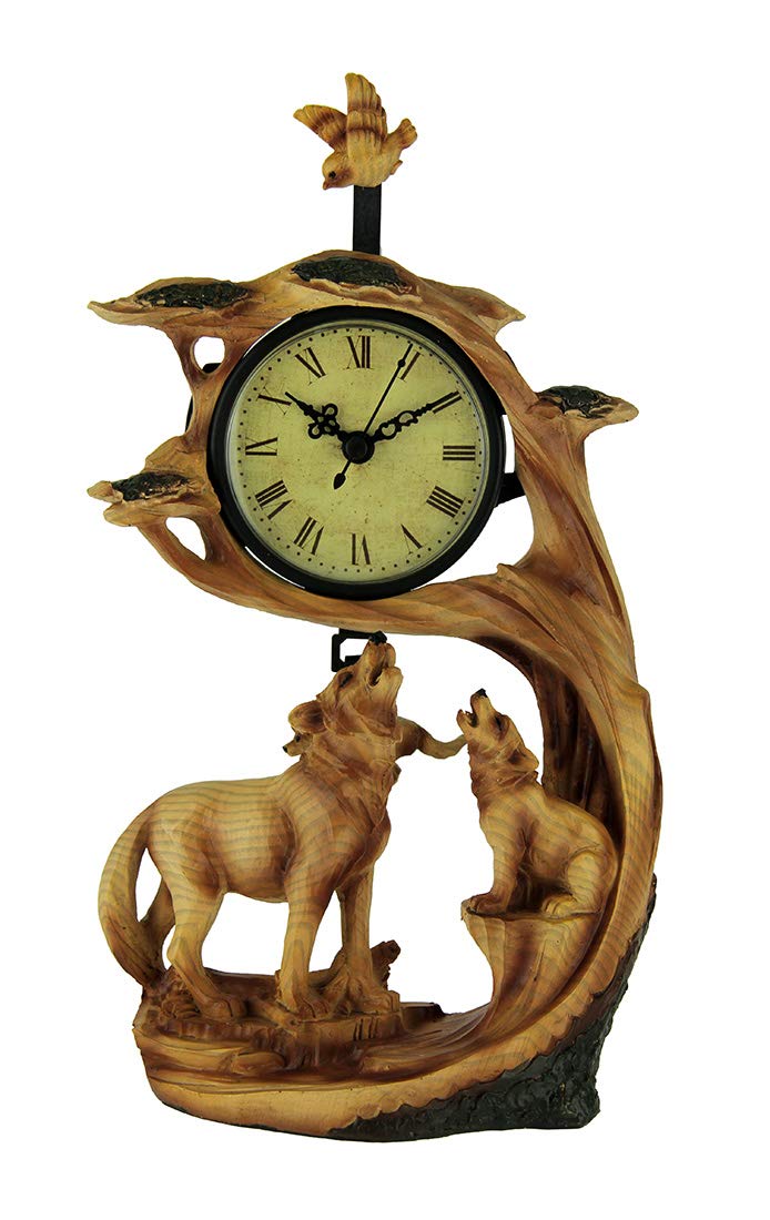 Everspring Wolf Family Safari Carved Wood Look Clock Figurine