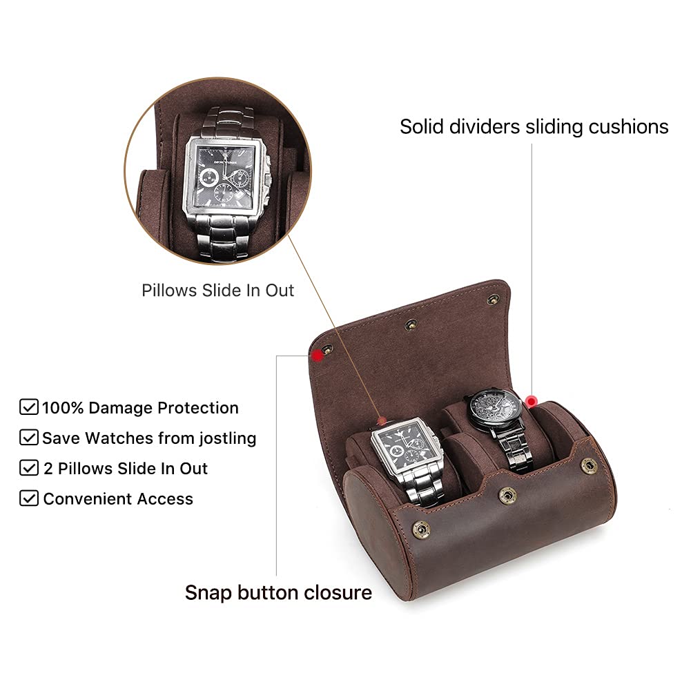 Contacts Contact's Uhrenbox aus Echtem Leder für Zylindrische Uhren, Coffee 2 für 2 Uhren, Braun Kaffee