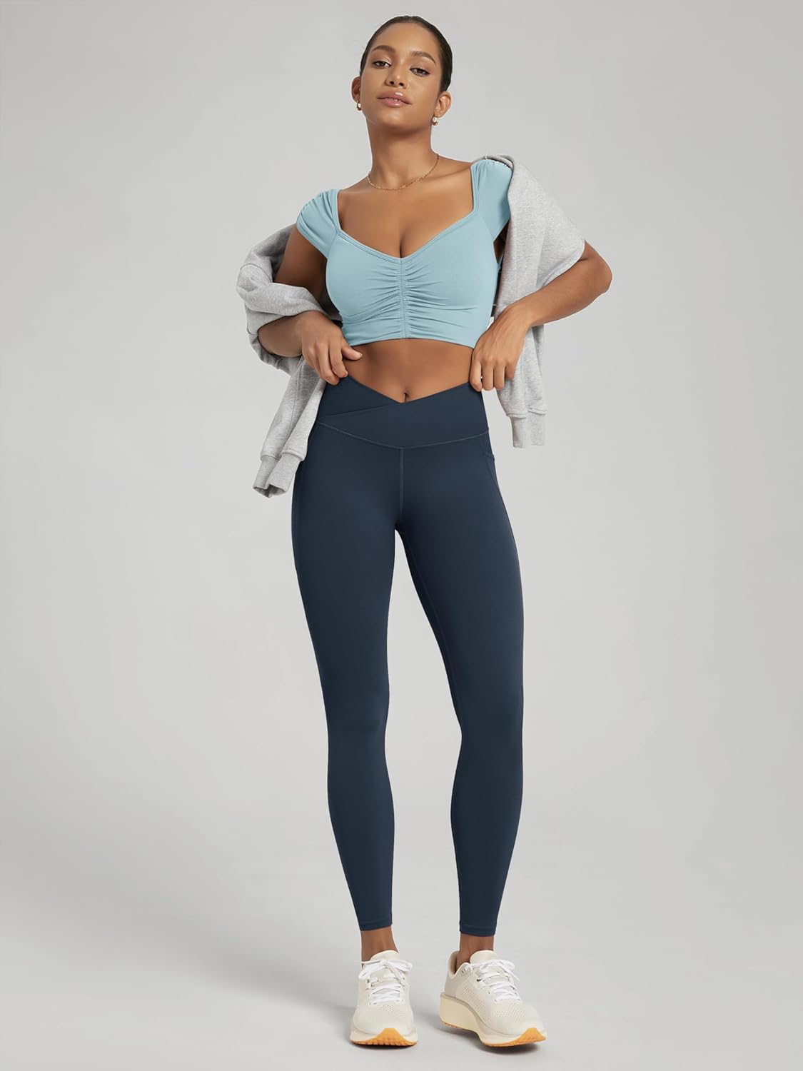 ODODOS Ruched Front Crop Tank for Women V-Neck Cut Out Back Cap Sleeve Cropped Tops - Image 3