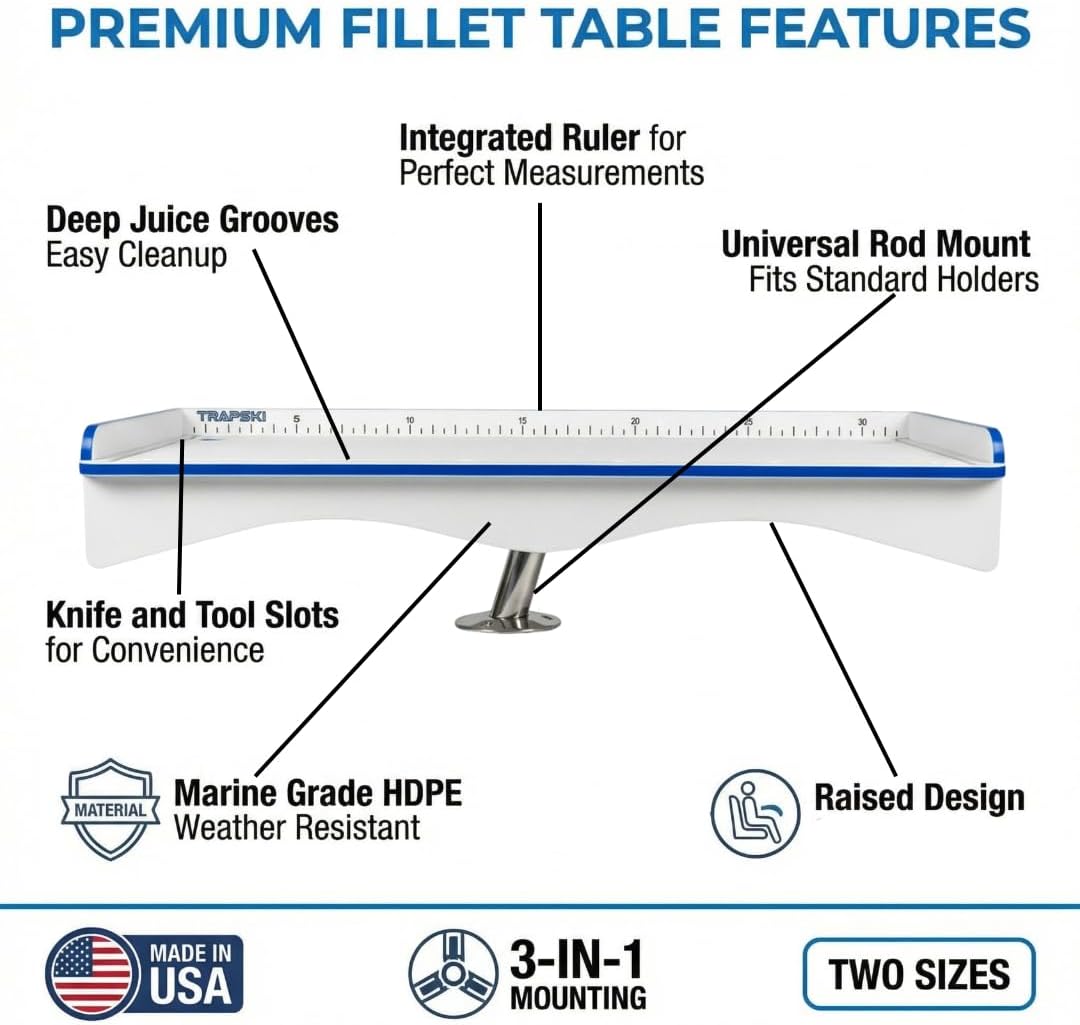 Made in the USA | Premium 18" or 33" Raised Fillet Table – 3-in-1 Bait & Fish Station | Fits Rod Holders, Buckets & Flat Surfaces | UV Protected Marine-Grade HDPE | Ruler, Groove, Knife & Tool Slot