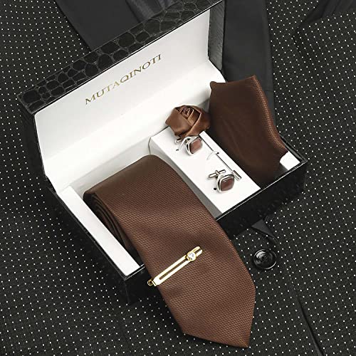 Image of MUTAQINOTI Mens Woven Premium Silk Necktie Suit Accessories Set With Pocket Square Cufflinks Brooch Golden Tie Pin (TEGP2)