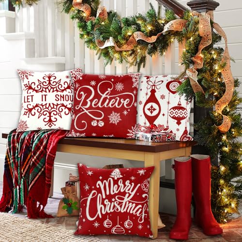 DIYDEC 4 Pack Christmas Pillow Covers, 18x18 Inch Linen Red & White Snowflake Throw Pillow Cases for Xmas Indoor & Outdoor Decorations - Image 7