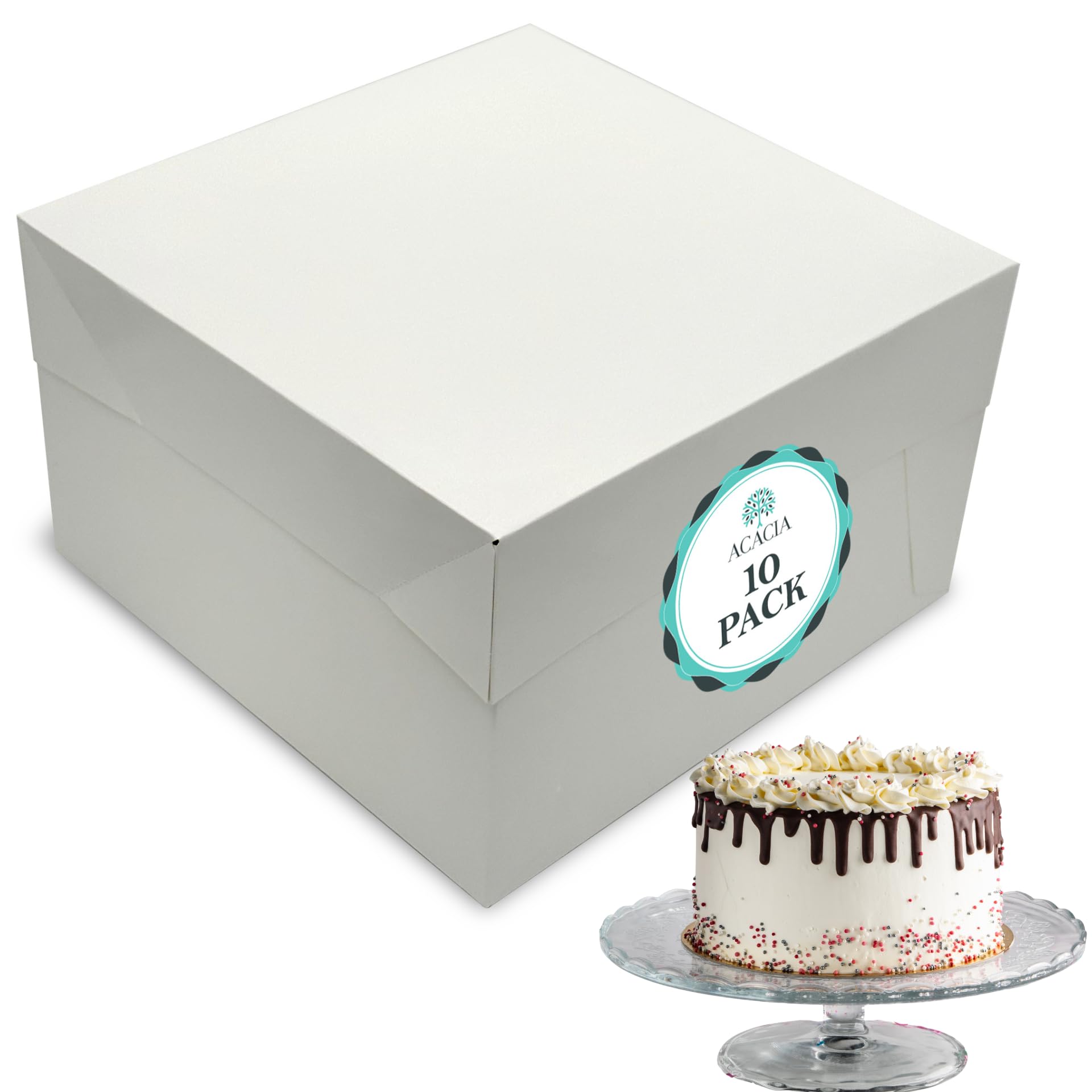 ACACIA 8" White Cake Box With Lid | Square 8x8x5 Inch Box, Perfect for Transporting, Celebration | Ideal for Birthdays, Parties, and Cake Portions | Sturdy Storage and Transport for Cakes | 10 Pack