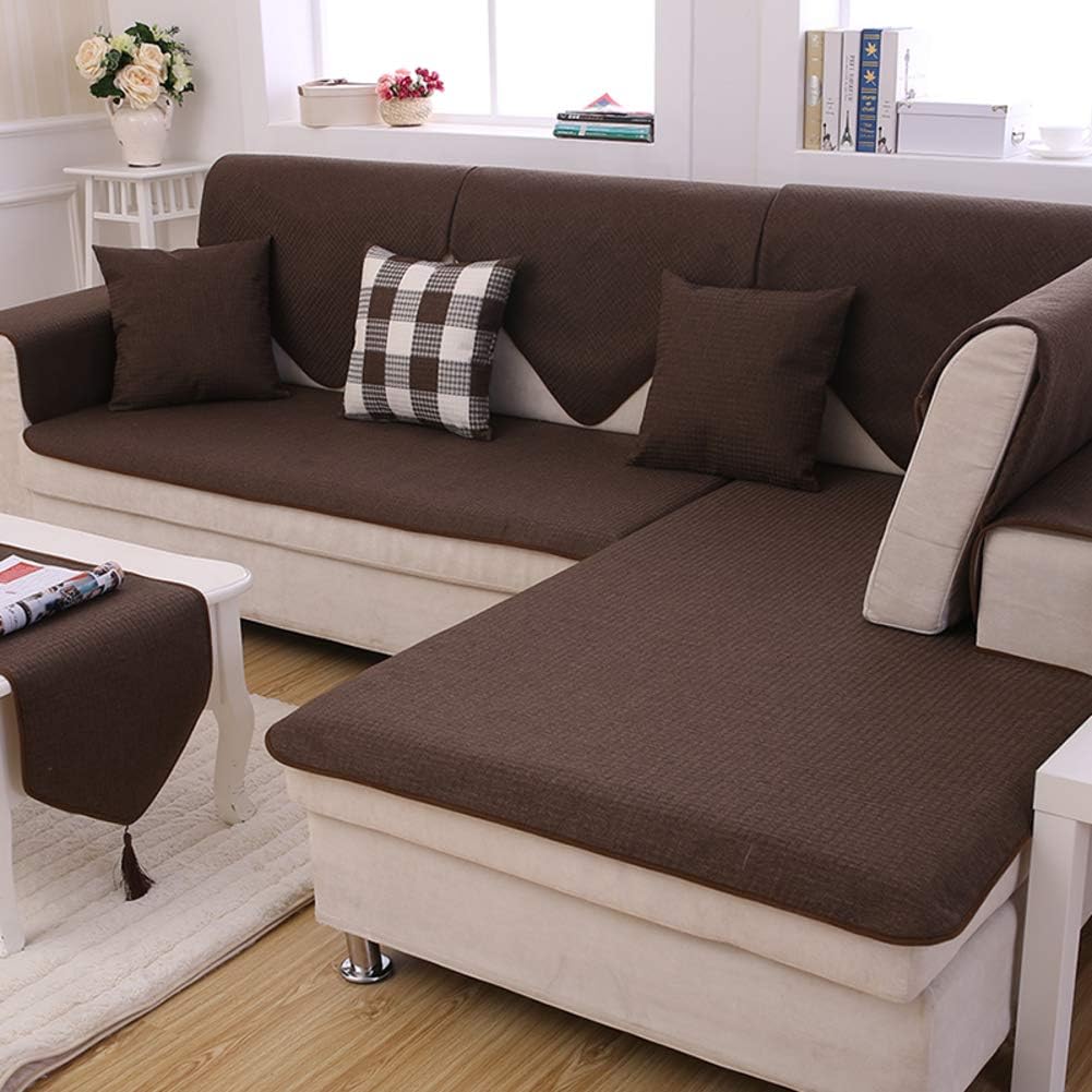 Redsun Cotton Linen Sectional Sofa Cover, Anti-Slip Solid Color Couch Covers Stain Resistant Furniture Protector for Dogs-Coffee 90x120cm(35x47inch)(Sold by Piece/Not All Set)
