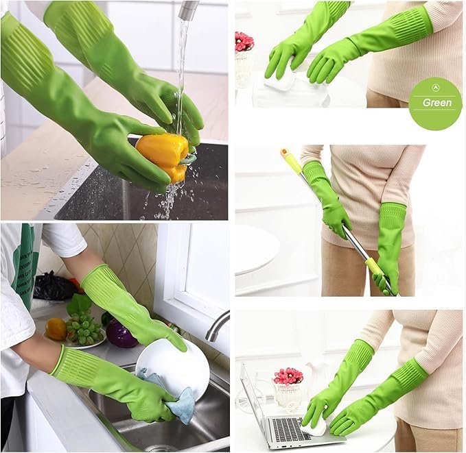 Miniatura 4 de 3 pares de guantes de lavado de platos, guantes de limpieza reutilizables de 15 pulgadas para tareas de cocina, baño y hogar, goma gruesa y flexible