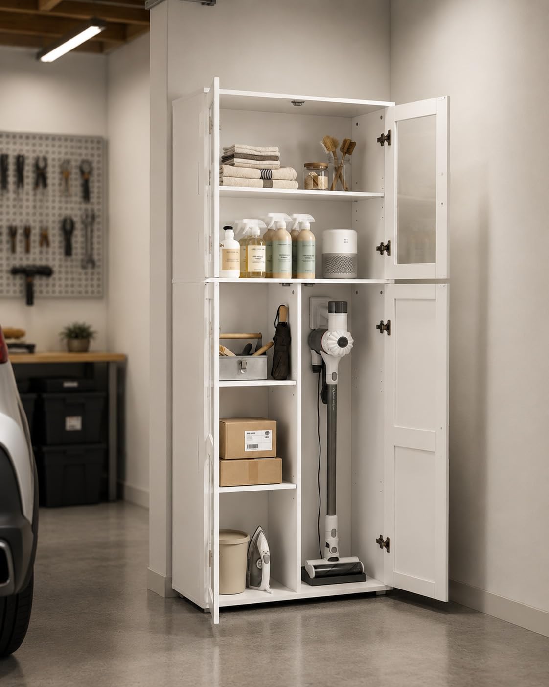 Armario Escobero y Mueble Auxiliar con Puerta de Cristal, Armario Columna de Cocina para Aspiradora, Diseño Shaker Blanco, Despensa Alta para Lavadero y Entrada, 65x30x165cm