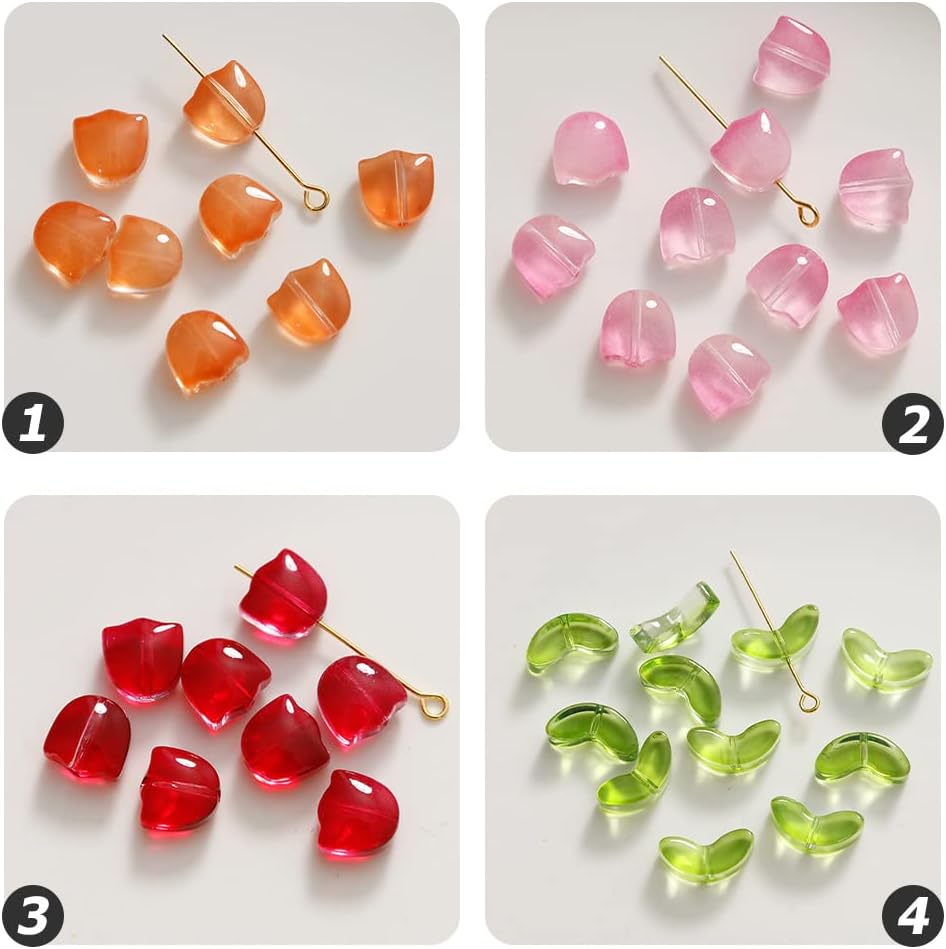 LOGOFUN 200 Pcs Tulip Flower Beads Glass Translucent Bracelet Beads Colorful Handcrafted Crystal Loose Glass Beads for DIY Jewelry Making Mothers Day Gifts (Without Needle) (Pack of 2)