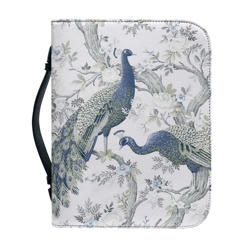 Garronmavis Watercolor Peony Peacocks PU Leather Bible Case for Women, Flower Peacock Bible Bag, Animal Art Bible Protective Bag - L — image 1