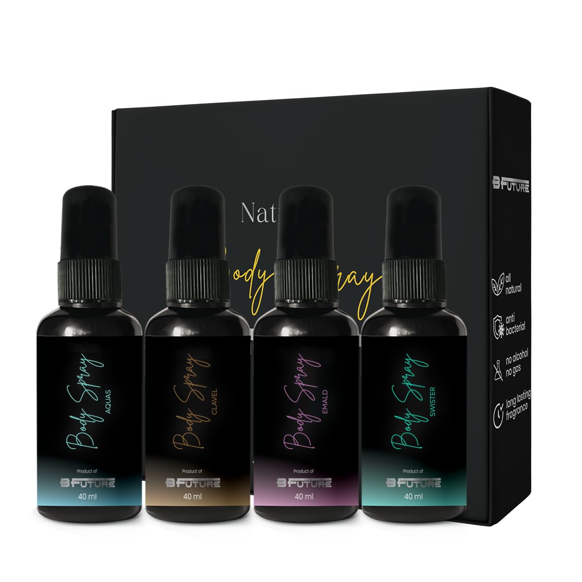 BFUTURE Body Deodorant Spray Set for Men & Women, 4 Long-Lasting Fragrances, Swister, Emald, Clavel, Aqua, Everyday Freshness & Aroma, 40ml Each-picture-28