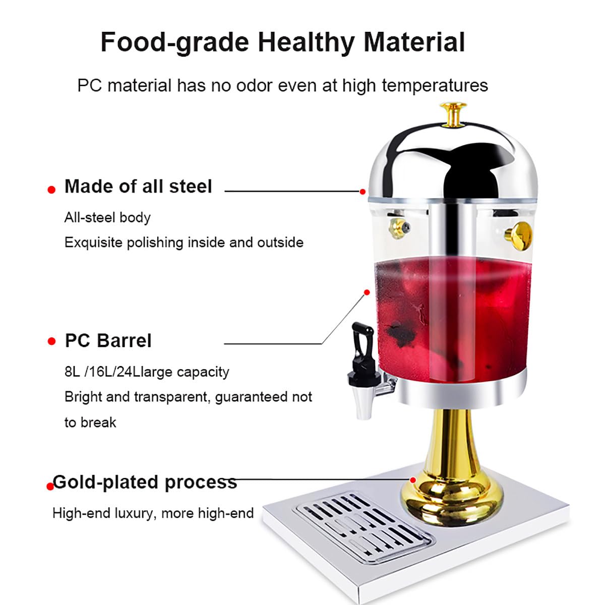 Dispenser Per Bevande Commerciali Da 6 L/24 L, Dispenser Per Succo Caldo Freddo In Vetro Trasparente Con Coperchio E Rubinetto, Per Latte, Fiori, Tè, Birra, Acqua, Succhi, Bevande Fredde,Gold-24L