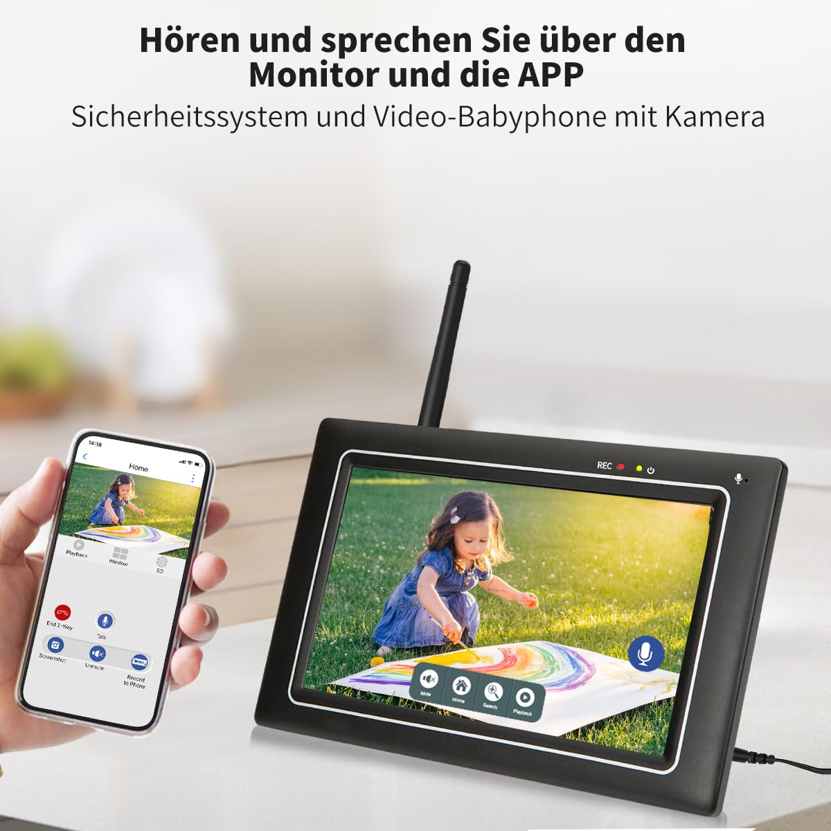SecuFirst Überwachungskamera Aussen Kit mit Monitor,7" Touchscreen | Arbeiten ohne WLAN,Babyphone,2K Kamera Überwachung Outdoor, Innen Bildschirm, 2TB Erweiterbarer Speicher,32GB Lokal Speicher