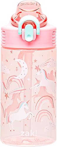 Zak Designs Sage Botella de agua para niños, escuela o viajes, plástico duradero, 16onzas, con popote, asa, tapa, boquilla abatible, a prueba de