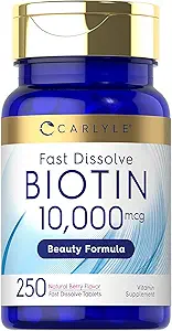 Carlyle Biotin 10000mcg | 250 Fast Dissolve Tablets | Max Strength | Vegetarian, Non-GMO, Gluten Free Supplement