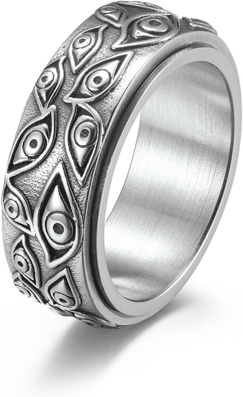Evil Eye Protection Amulet Rotatable Titanium Steel Ring Ward Off Negativity Bring Good Luck Anxiety Relief Stylish Silver/Gold/Black