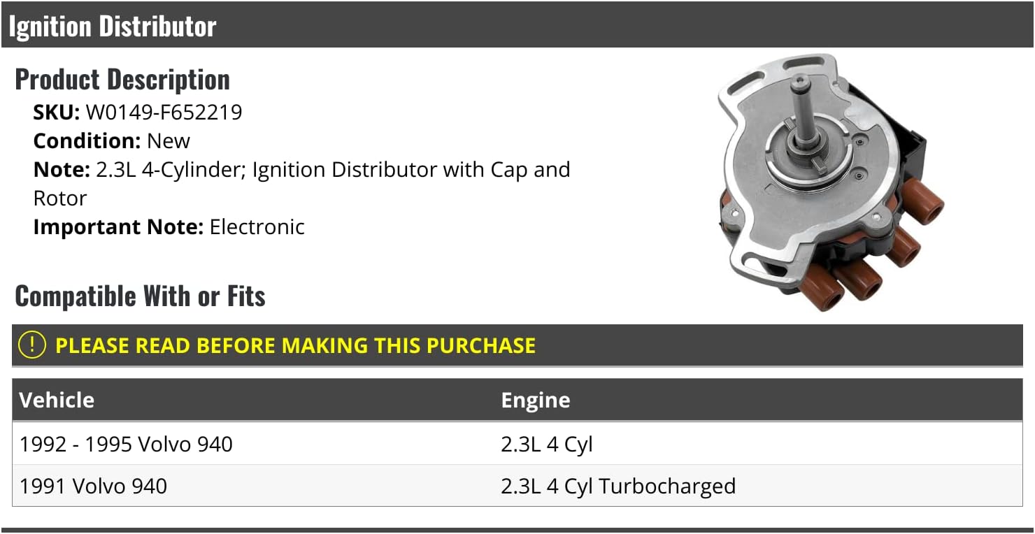 Marketplace Auto Parts - Ignition Distributor with Cap and Rotor - Compatible with 1991-1995 Volvo 940 2.3L 4-Cylinder