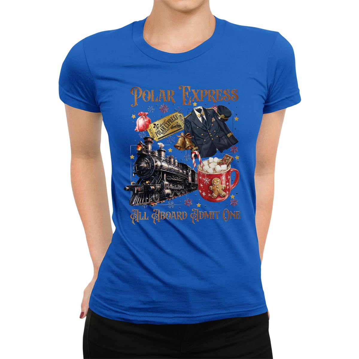 Unibly Women's Blue Polar Express All Aboard Admit One Christmas T-Shirt, M