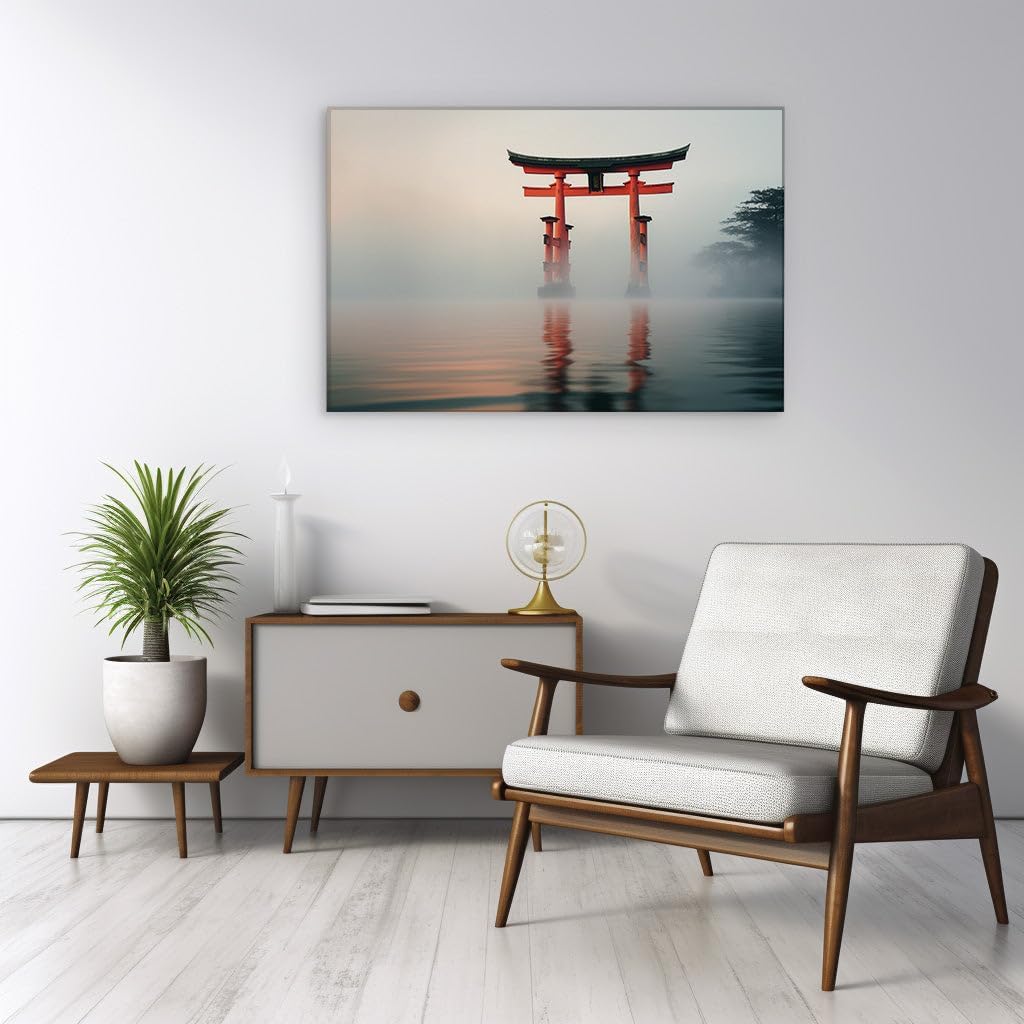Canvas for Living room. Mystic Reflections at the Water's Edge � A Serene Encounter with the Red Torii Gate, 27 x 18 inch Canvas Wall Art - Contemporary Masterpieces - Modern Home Decor