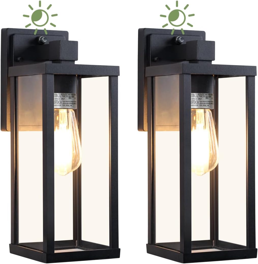 LITFIT 14'' Dusk to Dawn Outdoor Lighting, Die-Casting Aluminum Exterior Wall Sconces, Hardwired Black Outside Lighting for House, Garage, Porch,Front Door, Patio, 2-Pack, Bulbs Not Included