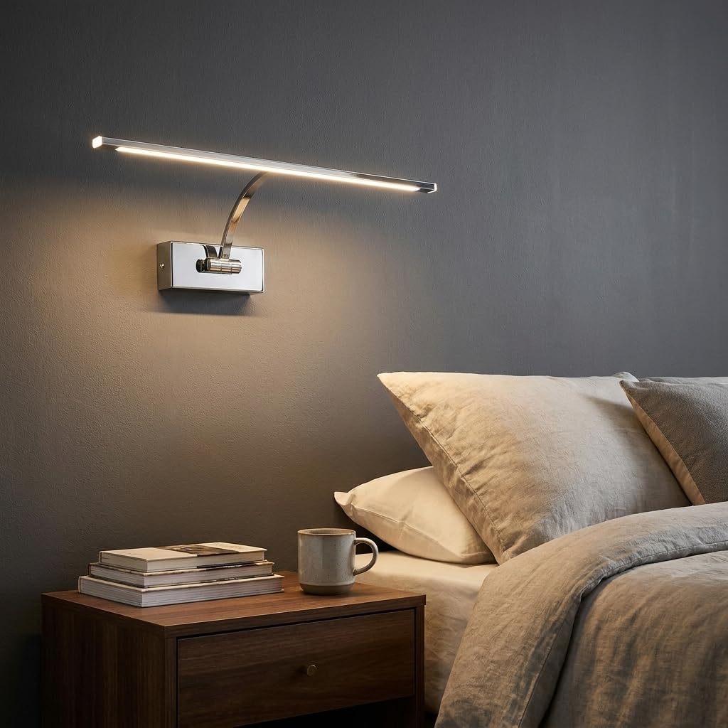 BARCELONA LED Aplique LED para Cuadros 6W Ajustable Cromado | Lámpara de Pared Interior con Brazo Orientable | Luz Cálida 2700K | Iluminacuadros LED CRI>80 para Fotos, Arte, Espejos, Salón y Galerías
