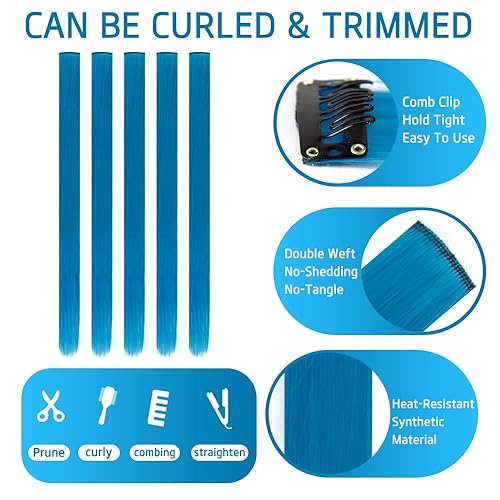 Miniatura 4 de Extensiones de cabello sintético con clip de color de 20 pulgadas, 10 piezas de cabello lacio para fiesta, color azul marino