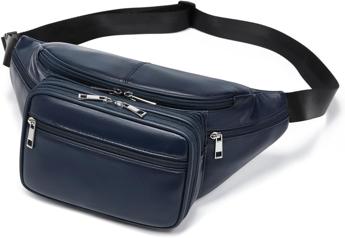 Genuine Leather Large 7 Pocket Waist Pack with Organizer, Card Slots (Indigo)