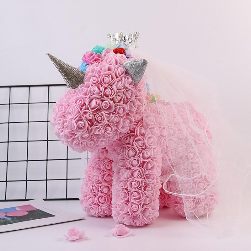 Duży sztuczny jednorożec z koroną i welonem – wieczne kwiaty, róża, jednorożec, na urodziny, rocznice, wesela, baby shower, wystrój domu i prezent dla niej (jasnoróżowy)
