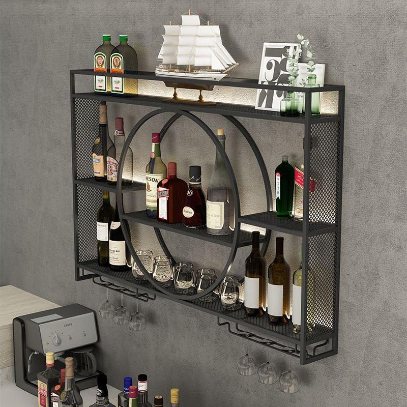 Portabottiglie Vino da Parete,Porta Bottiglie di Vino da Parete,Supporto per Bottiglie di Vino in Legno Industriale con 4 Supporti per Bicchieri a Vapore,Porta Calici da Parete Multifunzione Metallo