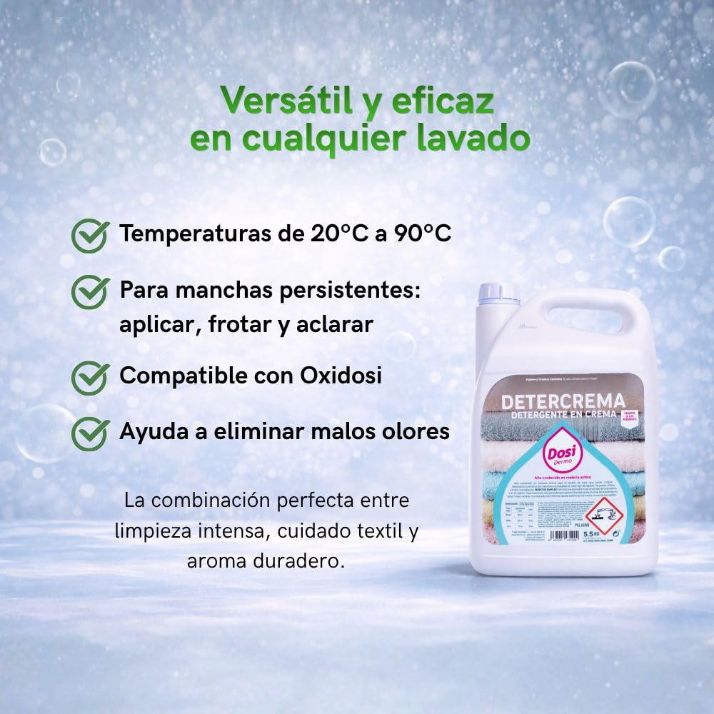 Detergente en Crema Detercrema 5,5 KG Profesional | 110 Lavados | Desengrasante Potente para Ropa Blanca y de Color | Lavado a Mano y Máquina | No Destiñe ni Encoge