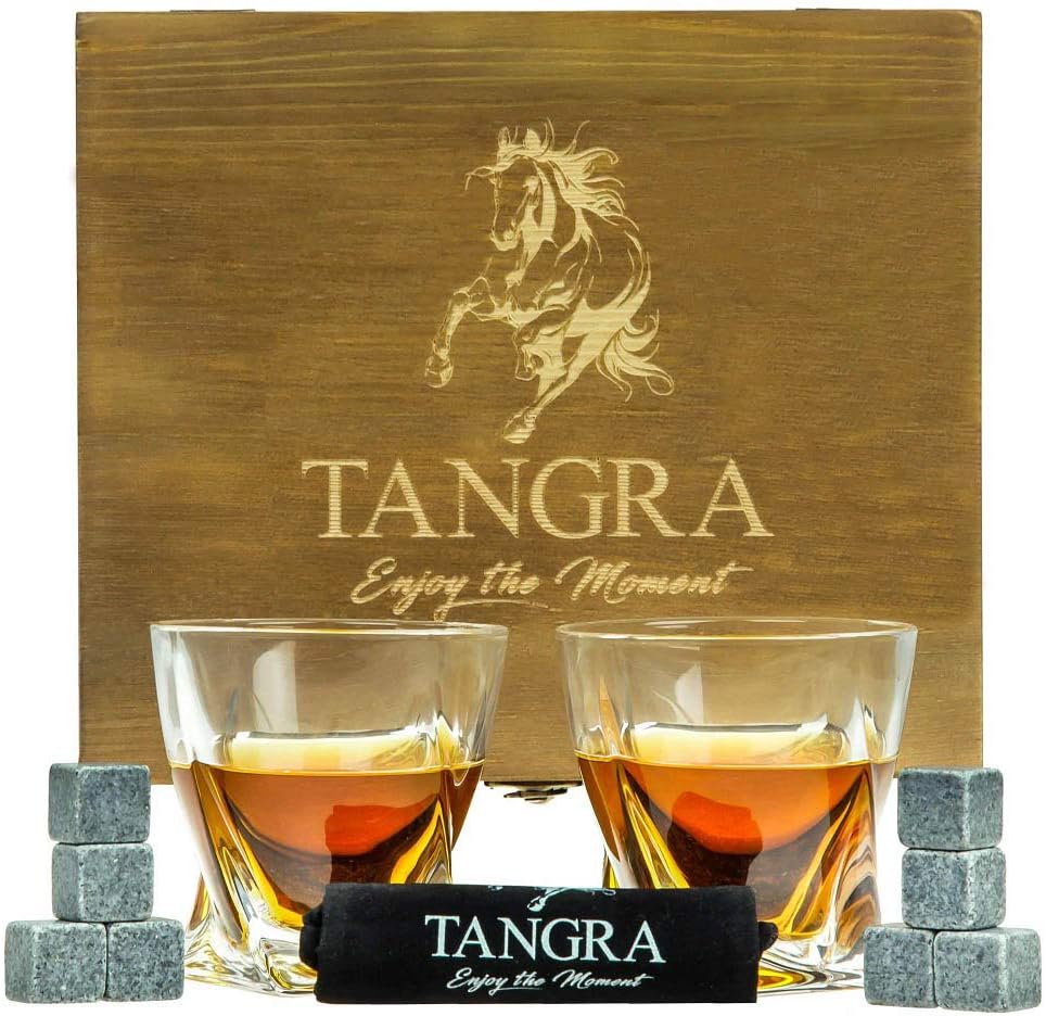 Whiskey Stones Luxury Gift Set of 8 Granite Ice Cubes Reusable Chilling Rocks + 2 Large Size Scotch Glasses in Wooden Box. Cool Whiskey Gift Sets for Man Dad Father Groomsmen