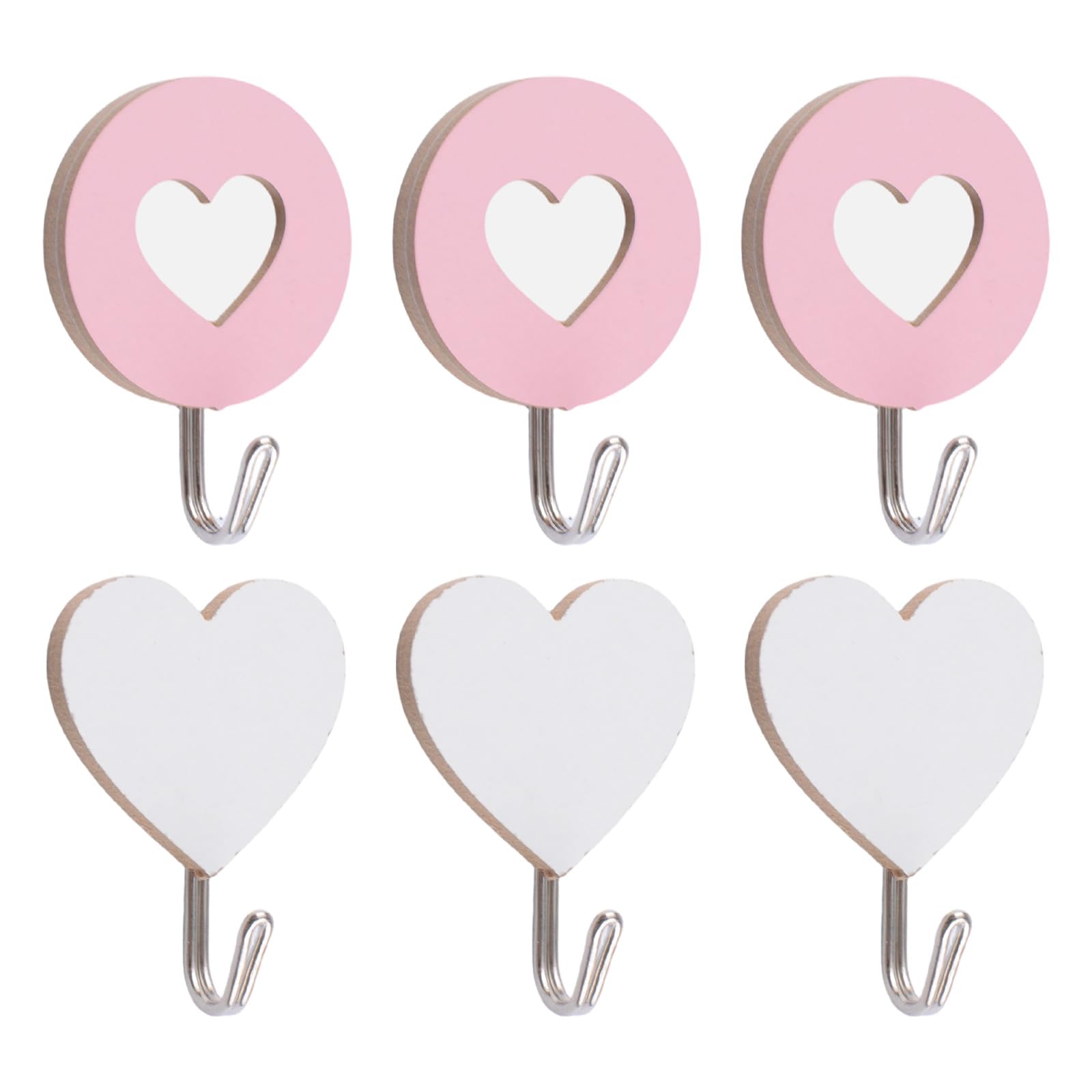 MOROBOR Wood Self-Adhesive Hooks, 6pcs Strong Heart-Shaped Self Adhesive Towel Hooks Key Holder for Bathroom Kitchen Office Hotel Wall Decoration/Pink & White