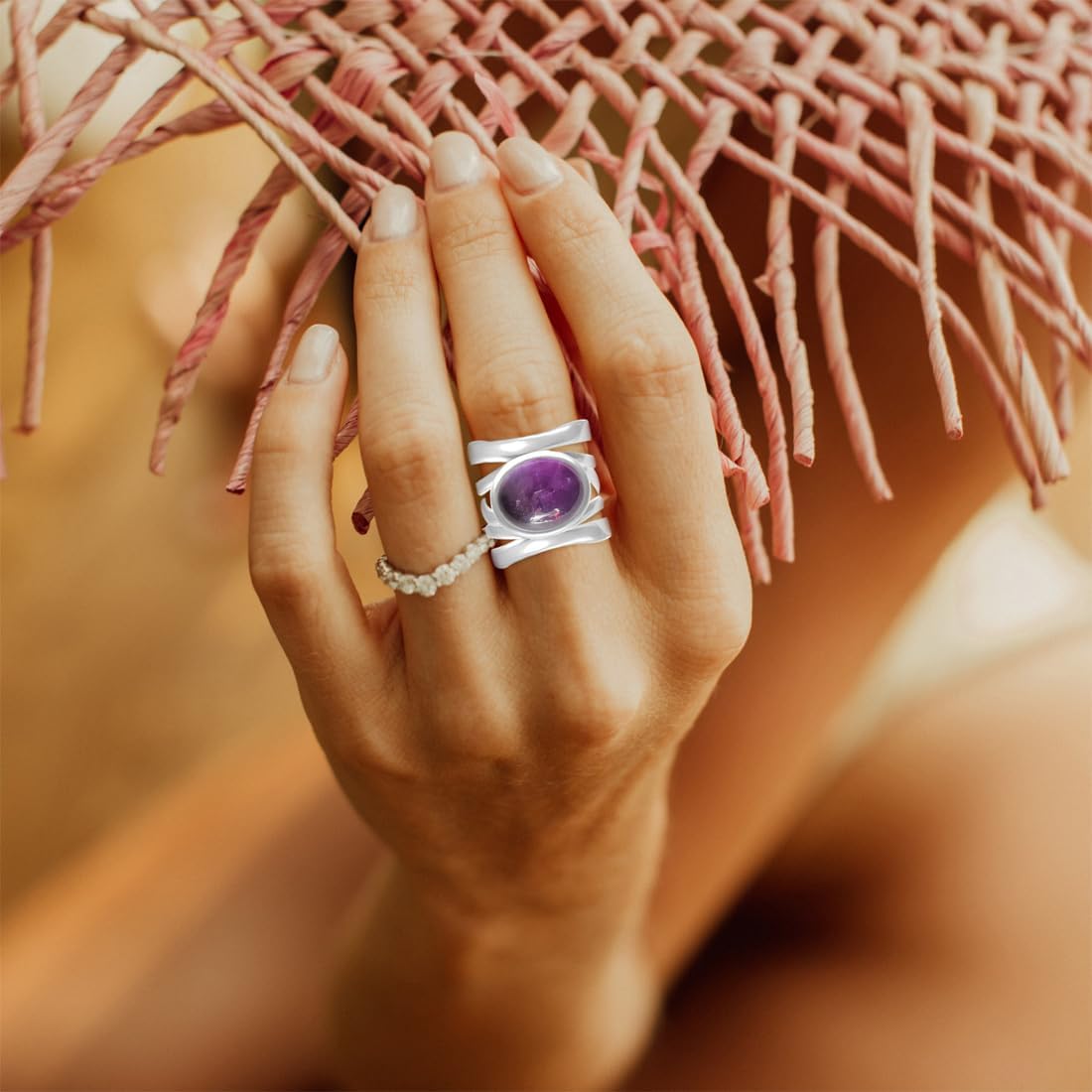 Oval Natural Stone Wide Band Ring,Sterling Silver Multi Lines Crystal Quartz Gemstone Chunky Full Finger Thumb Band Ring Jewelry for Women Her - Image 4