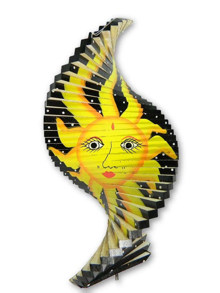 Wooden Sun & Moon Garden Wind Spinner, H30cm - Home & Garden Hanging Ornaments - Customisable Spiral Shape - Handmade Decoration for Outside Areas, Patio & Conservatory
