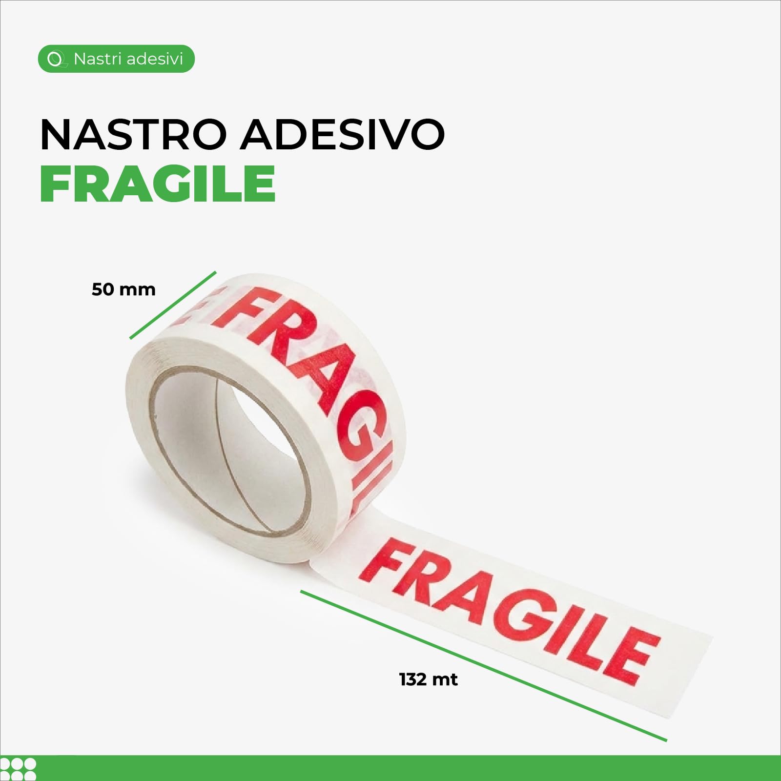 Nastro Adesivo Fragile Stampato 50 mm x 132 m - Resistente Umidità e Freddo, Srotolamento Silenzioso, per Imballaggi Delicati e Spedizioni Sicure, 36 Rotoli