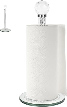 Decorative Paper Towel Holder, Silver Crystal Paper Towel Dispenser, Crushed Diamond Home Decor Toilet Roll Holder Stand with Heavy Base, Freestanding Paper Holder for Kitchen, Bathroom Round/Silver