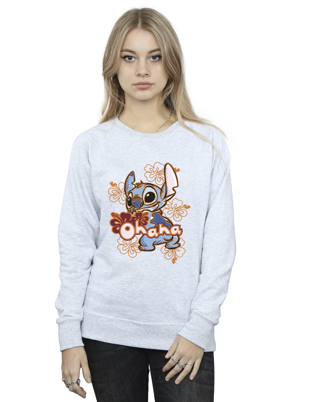 Absolute Cult Women's Sport Grey Disney Lilo And Stitch Ohana Orange Hibiscus Sweatshirt Large