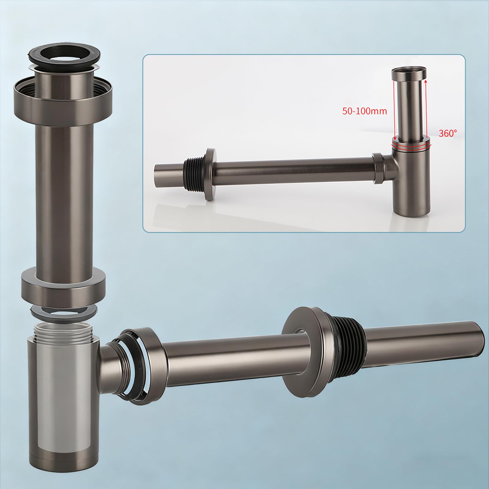 Siphon Waschbecken Mit Pop Up Ablaufventil,Überlauf,Geruchsverschluss,Verstellbares Abflussrohr,Bächlein Siphon Für Die Küchenspüle,Messingmaterial,Pistolengrau