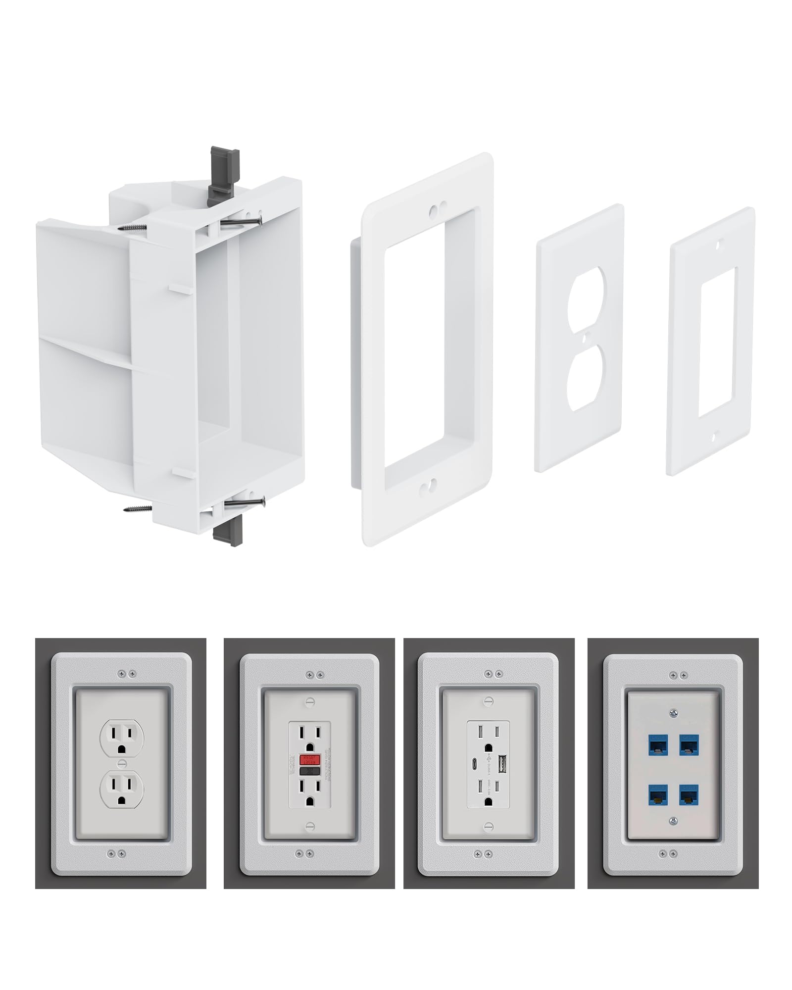 YasAo DVFR1W-1 Recessed Electrical/Outlet Box Wall Plate Kit, Single Gang, White