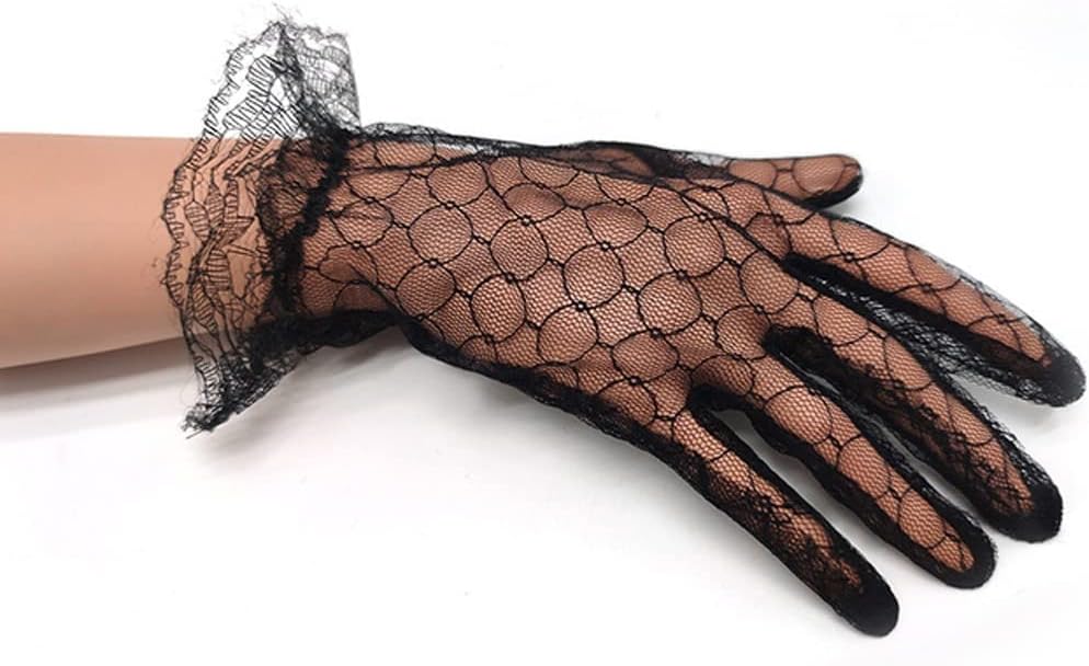 Ladies Short Lace Gloves Sheer Party Gloves Wrist Length Mittens Driving Gloves(Black)