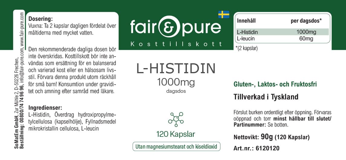 Fair & Pure L-Histidin 1000mg, 120 Kapseln, Aminosäure, veganes Nahrungsergänzungsmittel ohne Zusätze, in Deutschland hergestellt (Packung mit 2)