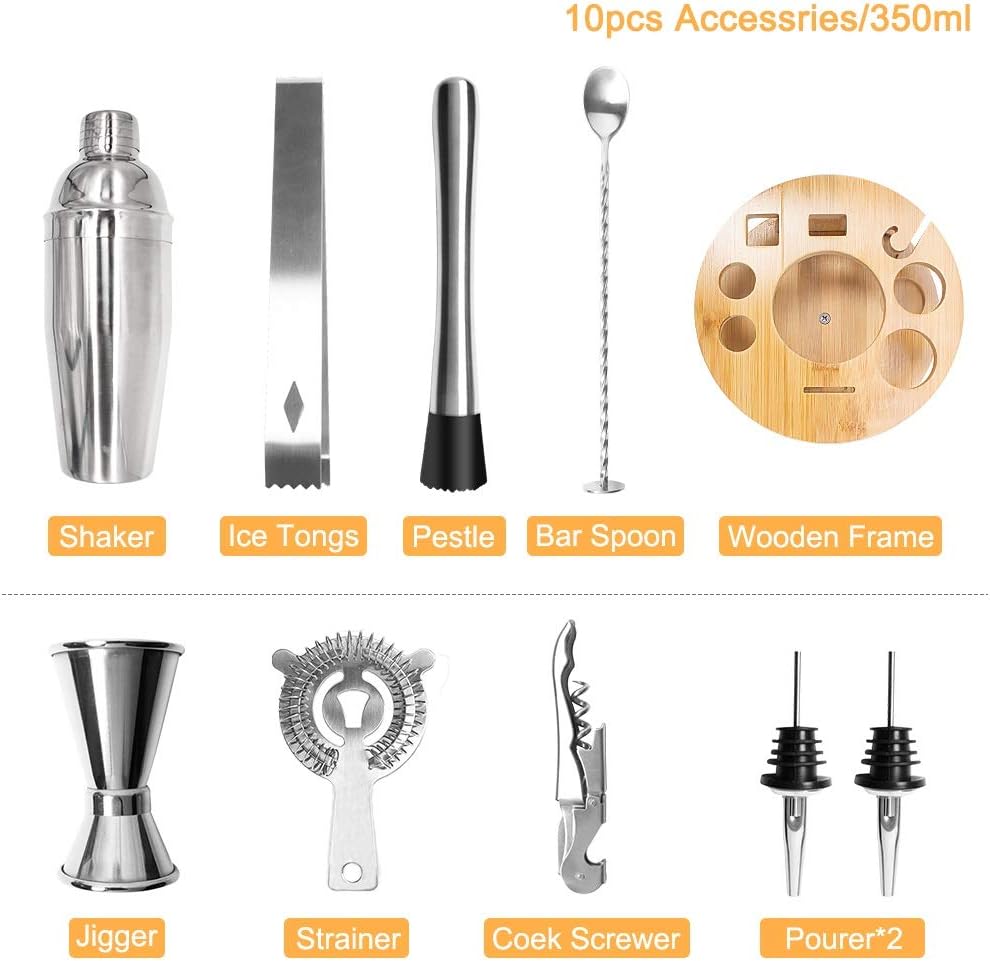 Cocktail Shaker Set Stainless Steel Bartending Kit Wine Mixer with Rotating Bamboo Base Bar Tools Party Accessories (Color : Style 1 Size : 750ML) (Style 1 350ML)