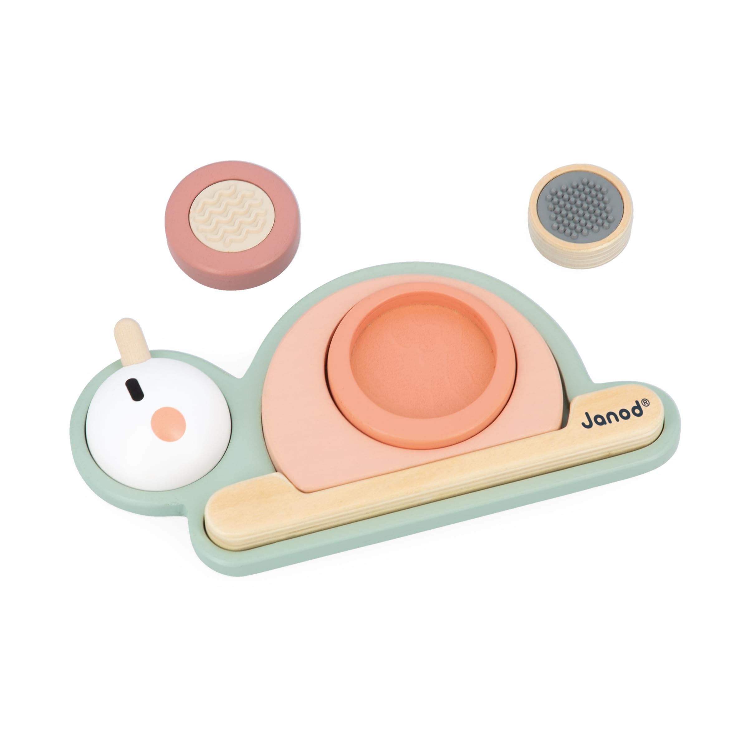 Janod, Sweet Cocoon Stackable Sensory Snail, 6x FSC Wood Stackable Pieces, 4 Sensory Blocks, Early-Learning Game - Image 3