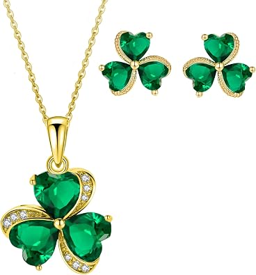 VONSSY Clover Pendant Necklace Stud Earrings Jewelry Set | Emerald Green Gemstone Irish Shamrock Luck | Crystal Birthstone Platinum Gold Plated Chain Silver Post | Meaningful Gift for Mother Wife